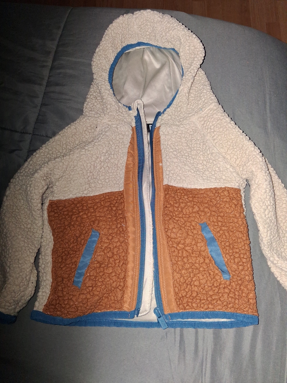 DKNY Kids Sherpa Zip Hoodie in Cream, Brown & Blue Trim